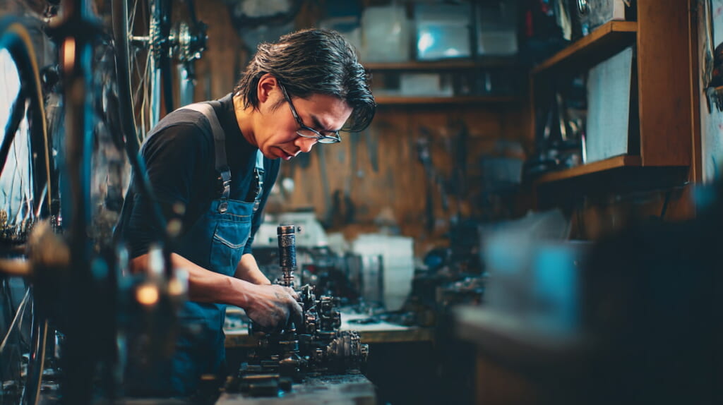 専門店で整備作業を行う日本人自転車整備士