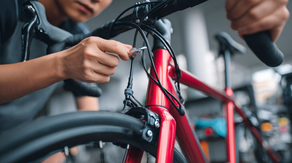 ハンドル調整後にブレーキワイヤーの余裕を確認するクロスバイクの安全点検