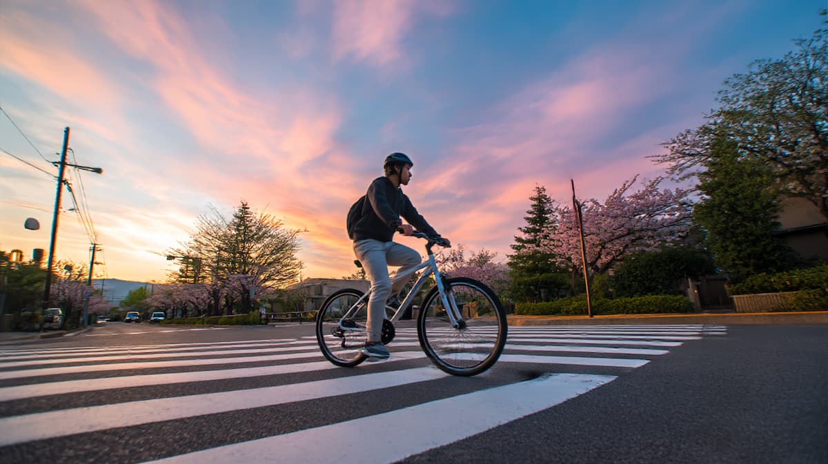 朝の街でTB1風クロスバイクに乗って通学する日本人学生のイメージ