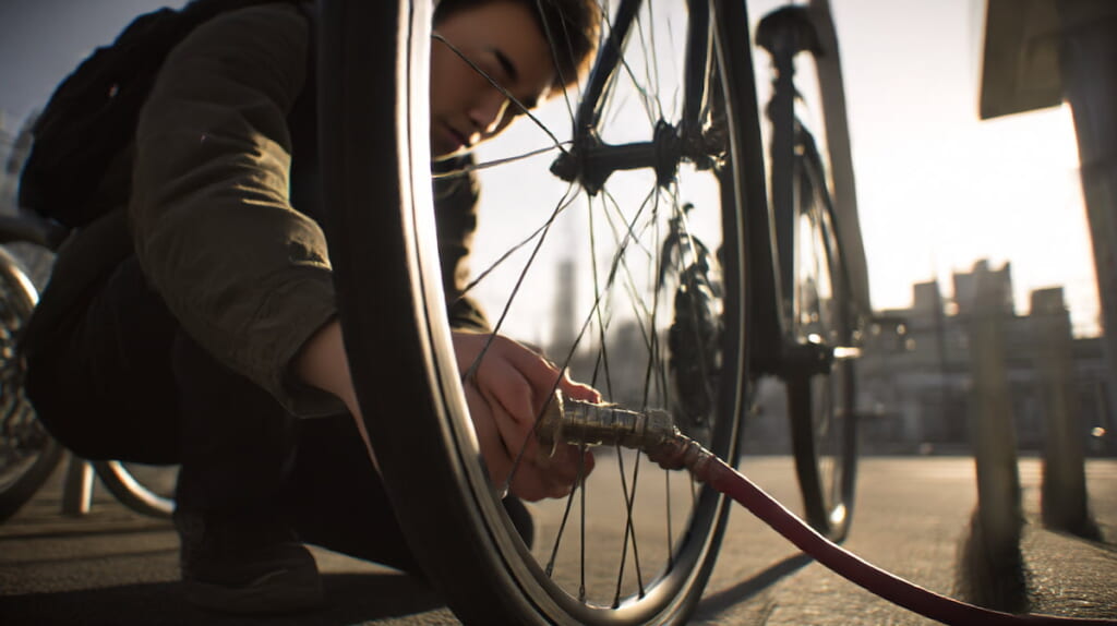 駅の空気入れで手早くタイヤに空気を入れる通学自転車のイメージ