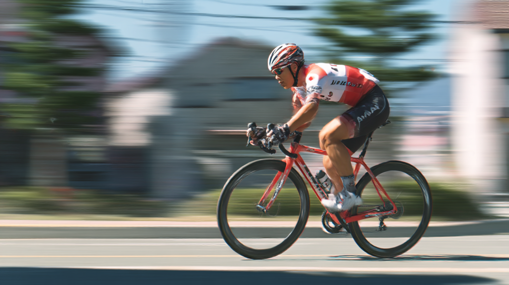 軽いギアを高回転で回す日本人サイクリストと理想のケイデンスを示すグラフ