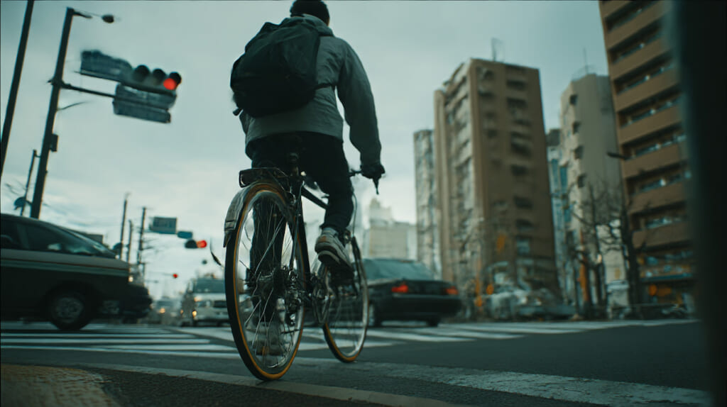 信号前でギアを軽くして止まる準備をしている日本人クロスバイクライダー
