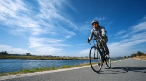 40代の日本人男性が明るい表情でクロスバイクを楽しみながら走る様子