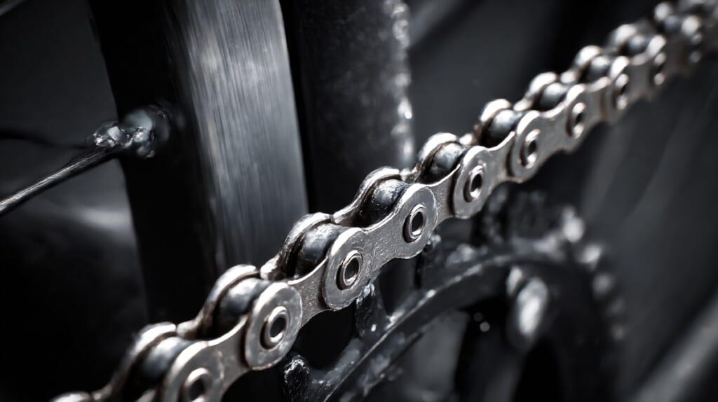 　電動自転車のチェーンメンテナンスを行う様子