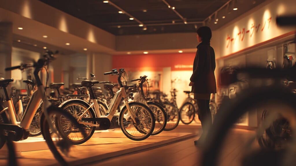 　電動自転車の買い替えを検討する日本人利用者の様子