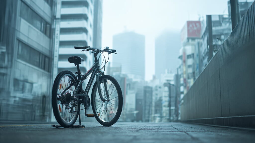 センタースタンドを装着したクロスバイクの安定した駐輪シーン