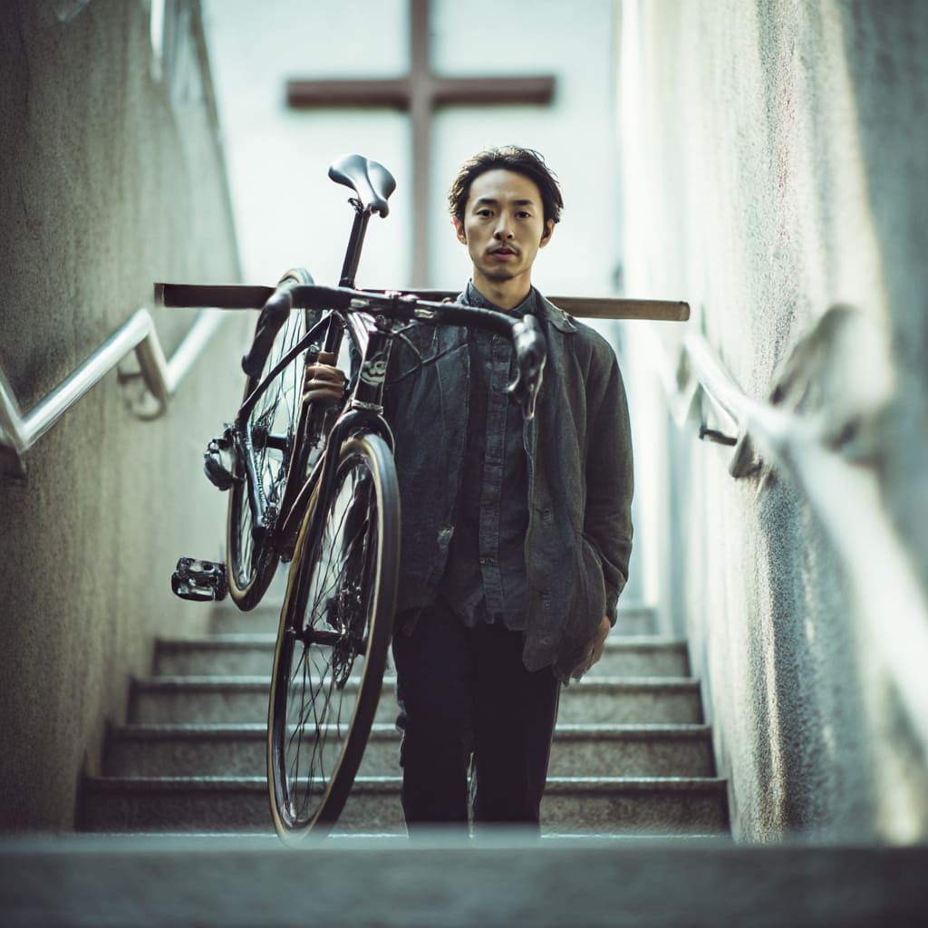 軽量クロスバイクを軽々と扱う日本人男性の使用イメージ