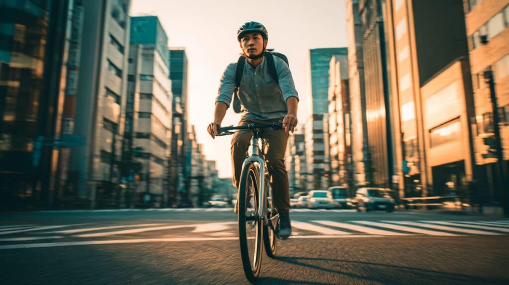 　NESTOの軽量クロスバイクに乗る日本人男性ライダーの街乗りイメージ
