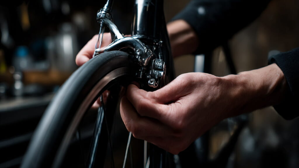 クロスバイクのブレーキ調整を行う日本人の手元