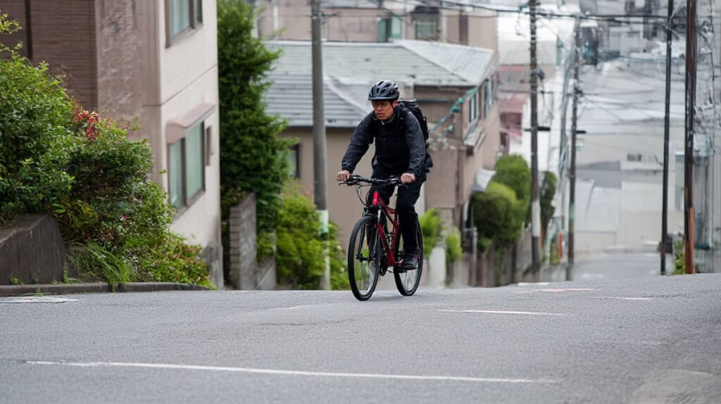 坂道で苦しそうに自転車を漕ぐ日本人通勤者