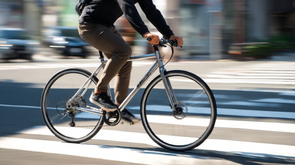 軽快に街中を走るアルミフレームのクロスバイクと日本人ライダー