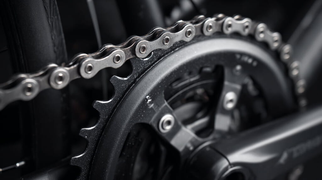 　- ベルトドライブのクリーンな駆動部と、油で汚れたチェーン駆動を対比したメンテナンス比較イメージ