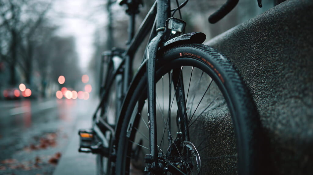 　- 通勤向けに実用装備を想起させるベルトドライブ系クロスバイクが、オフィス街でスマートに駐輪されているイメージ