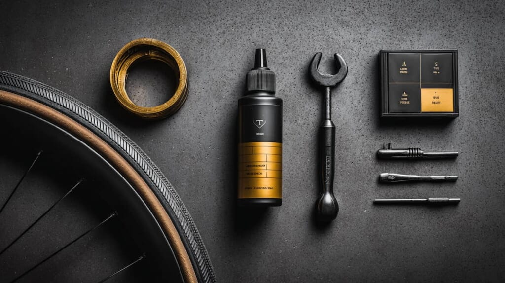 　- 耐パンクタイヤとシーラント剤など、パンクを未然に防ぐための用品をまとめた予防メンテナンスのイメージ