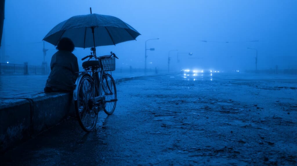 　- ベルトドライブ車の後輪パンク時に、内装ハブやナット固定で作業が難しいことを示すシーン