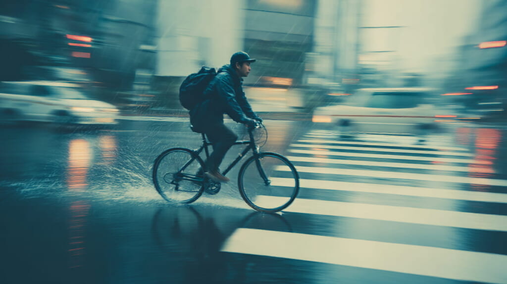 雨の日に泥除けなしのクロスバイクで走行する日本人通勤者