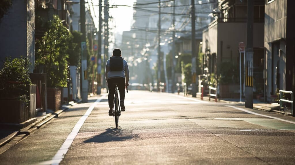 シボレーのような軽量クロスバイクで街中を走る日本人男性の通勤風景