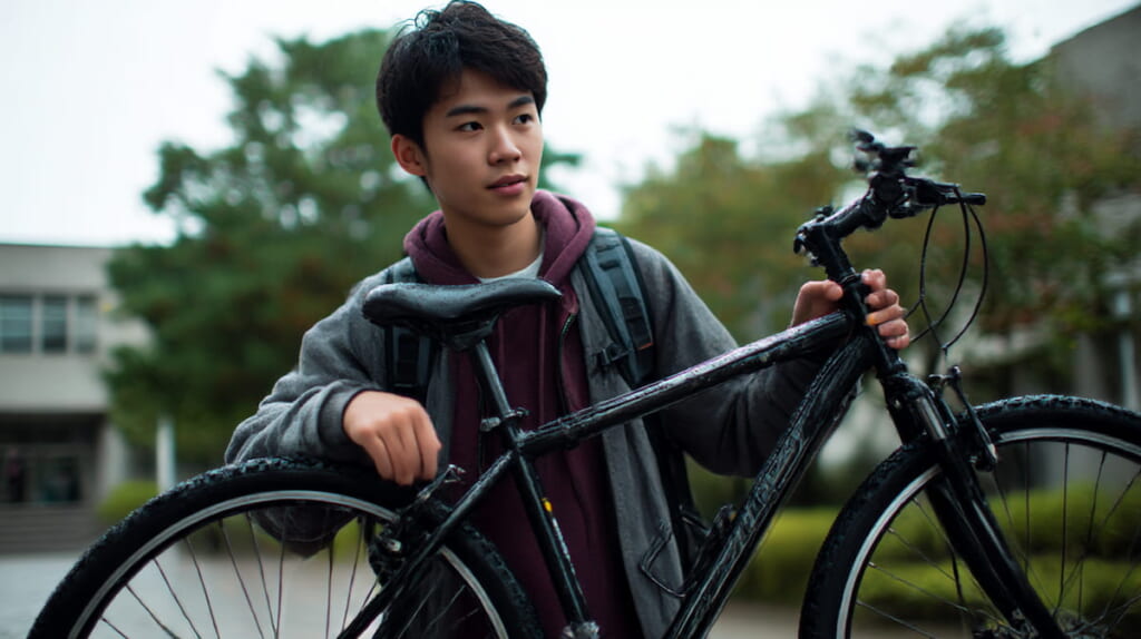 軽量なクロスバイクを片手で持ち上げる日本人男性の様子