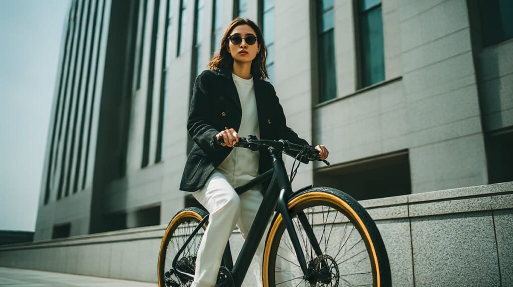 快適に通勤するクロスバイクにのる女性