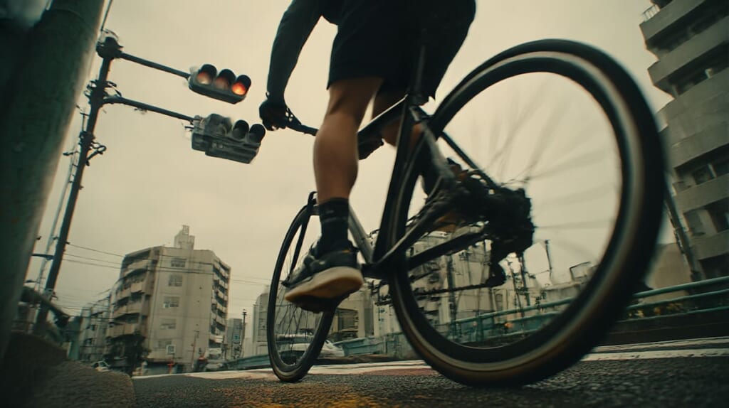 　- 信号スタートで軽量クロスバイクがスムーズに加速する様子