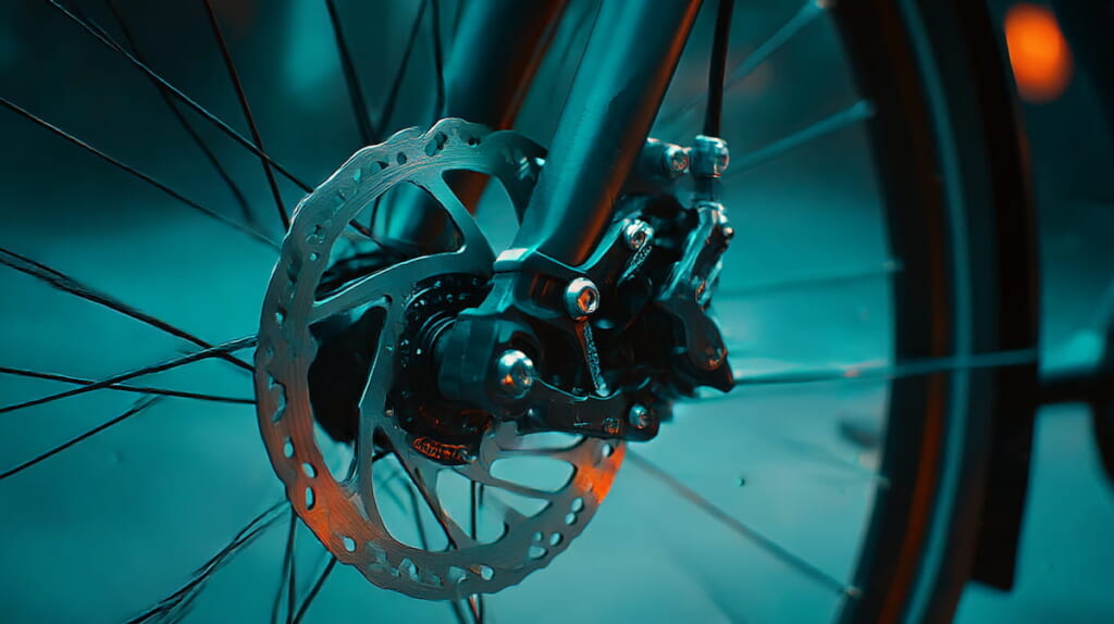 　- ディスクブレーキのクローズアップと、通勤で安全に減速できるイメージ