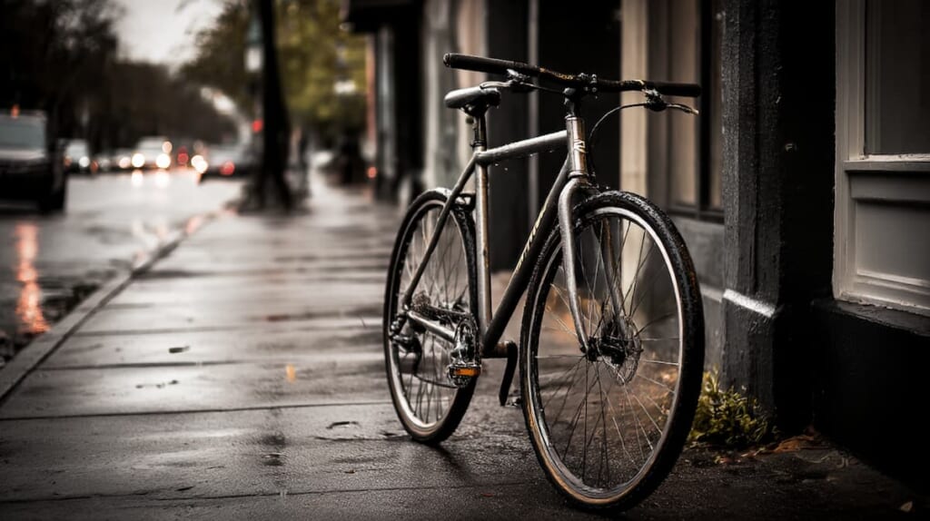 雨天の街中で走行するFuji RAIZディスクブレーキモデル