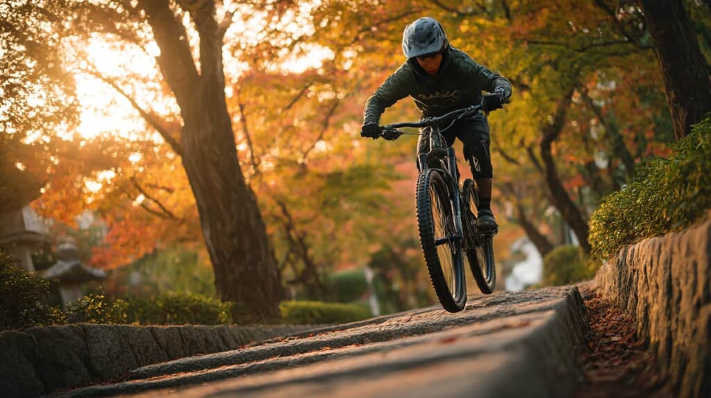 　- MTBサスペンションの衝撃吸収とクロスバイクの推進効率の違いを伝える走行シーン