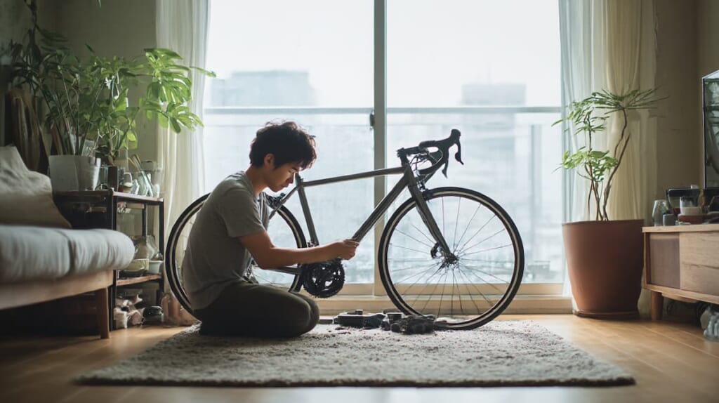 自宅でクロスバイクを組み立てる日本人男性の様子