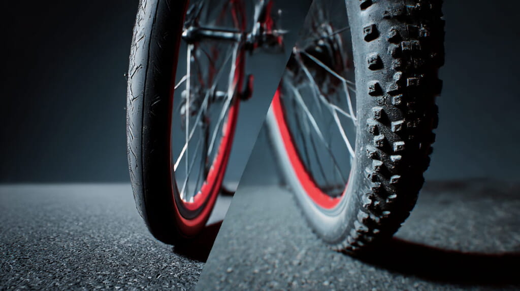 　- クロスバイクの細いスリックタイヤとMTBの太いブロックタイヤを舗装路で比較する接写イメージ