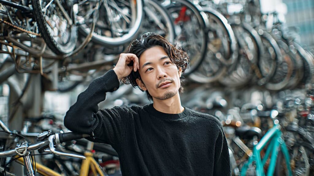 クロスバイクと共に立つ日本人男性の検討シーン