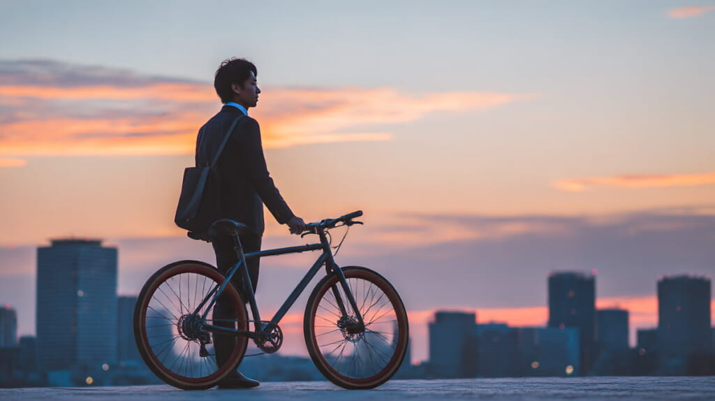 　通勤を楽しむ日本人男性とクラシックなクロスバイクのある生活