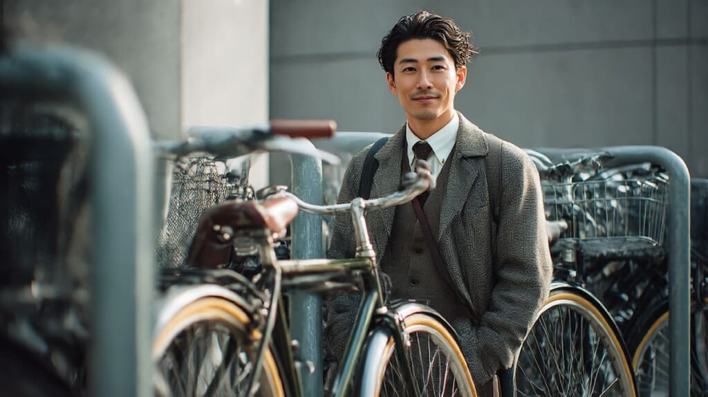 　スーツ姿でも違和感なく似合うクラシックなクロスバイクと日本人男性