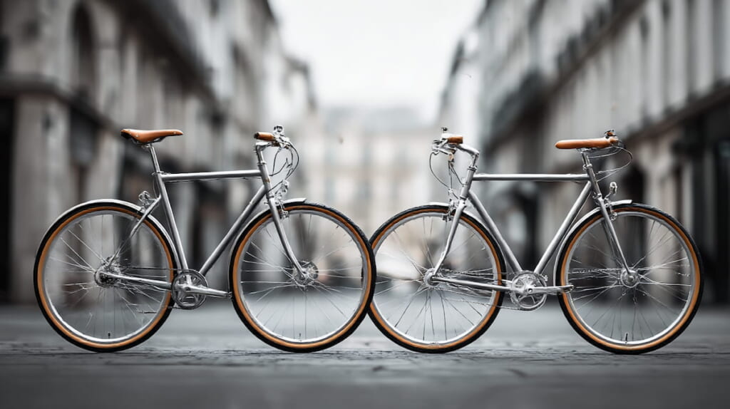 　細いタイヤと太いタイヤのクロスバイクを比較したイメージ