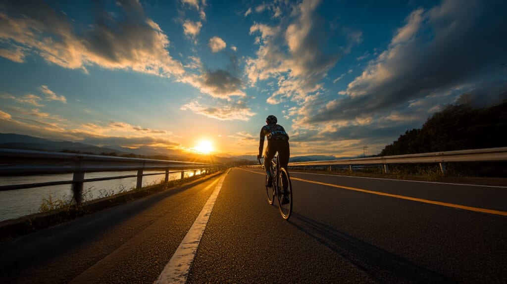 　- クロスバイクで前向きにトレーニングを続けるランナー