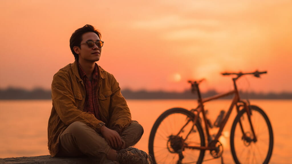 夕暮れの街で、次にどこに行こうか考えてる男性