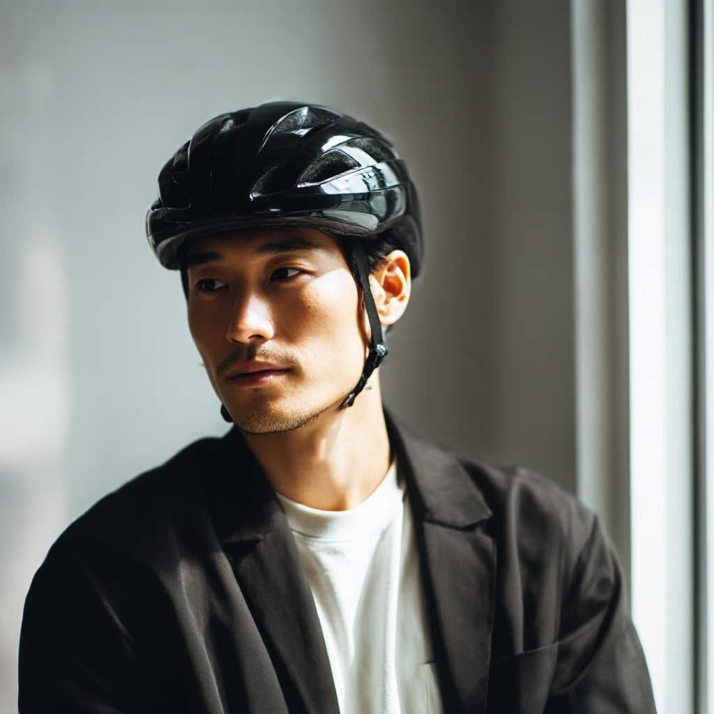 クロスバイクのヘルメットや装備を準備する初心者サイクリスト