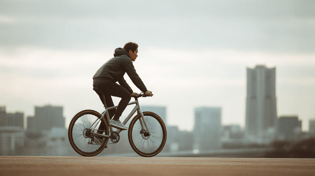 ランナーがクロスバイクに高めのサドル設定で乗り、トレーニング目的で走行している様子