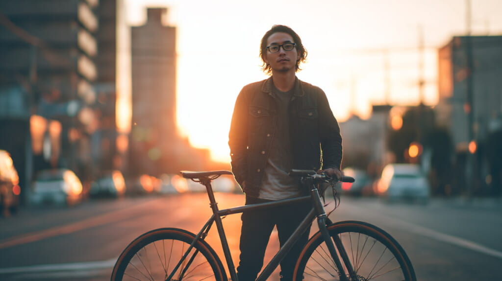 2026年のクロスバイク相場を解説する記事のアイキャッチとして、日本人男性が街中でクロスバイクに乗るイメージ