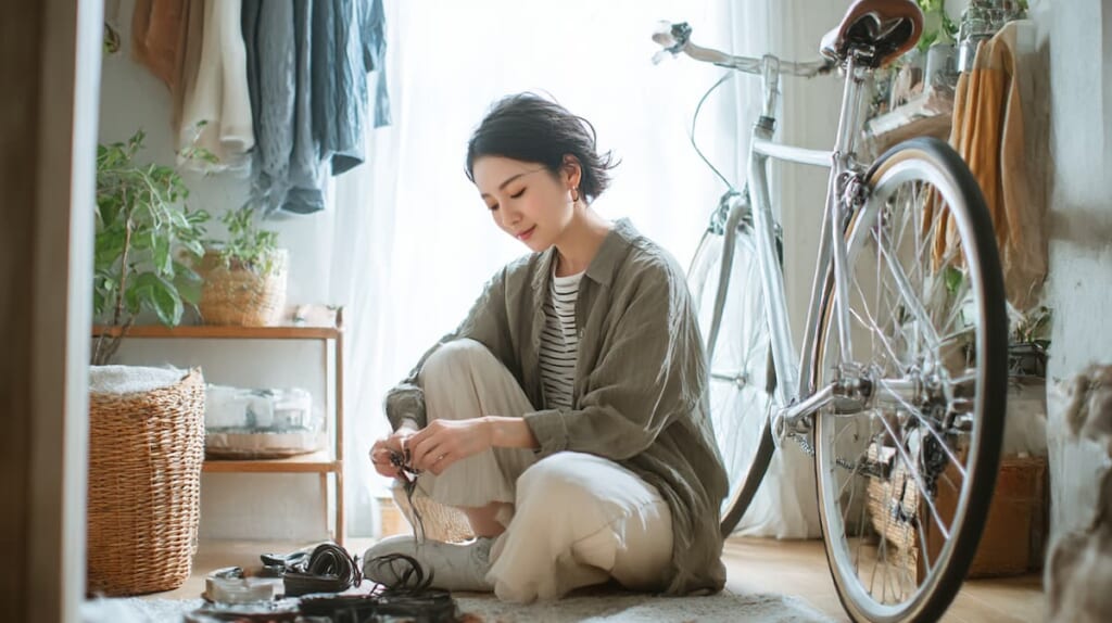 クロスバイク購入時に必要なヘルメットやライトなどの初期装備を準備する日本人女性のイメージ