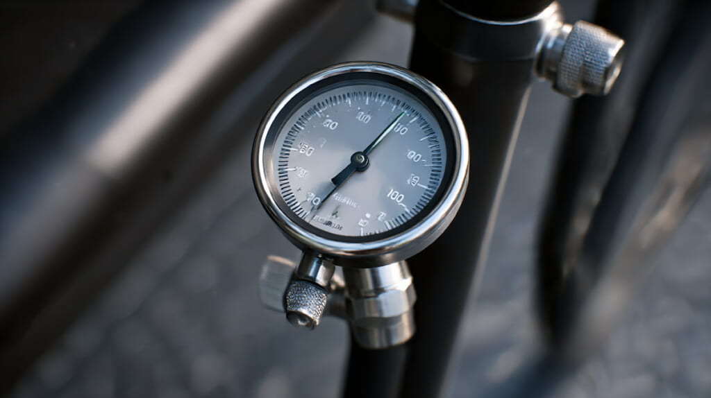 フロアポンプでクロスバイクの空気圧を調整する様子