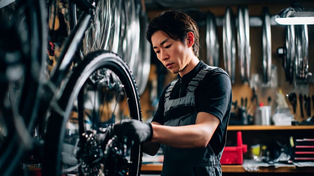 自転車ショップでクロスバイクのタイヤ交換を行う整備士