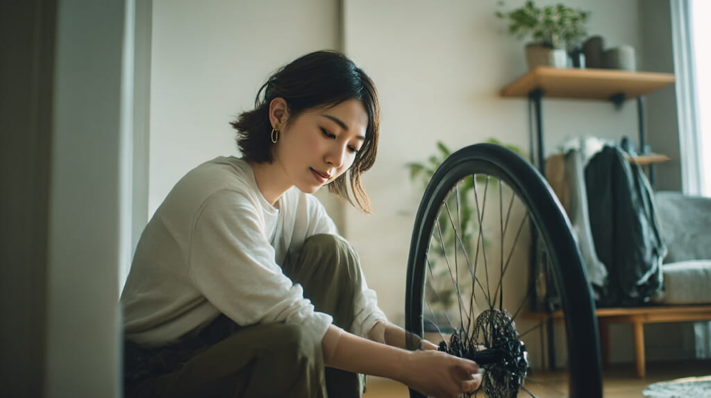 自宅でクロスバイクのタイヤ交換に挑戦する日本人