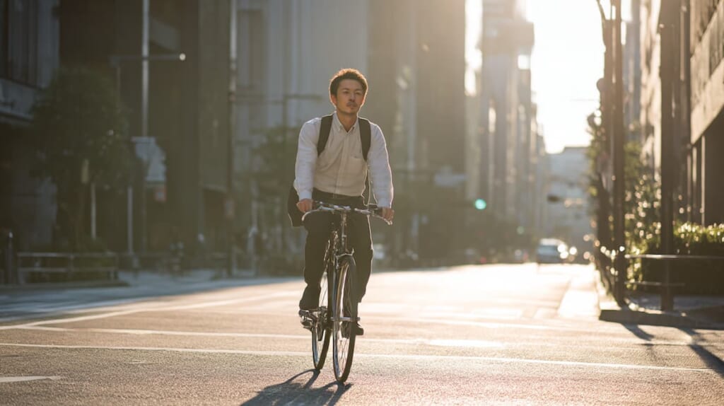 ルイガノのクロスバイクで通勤する日本人男性の街乗りイメージ