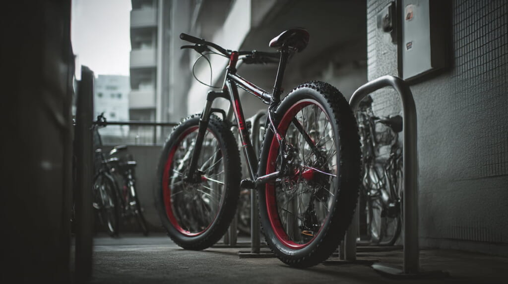 　- 太いタイヤの自転車が駐輪場ラックに入らない様子