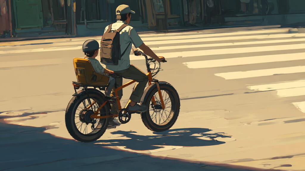 　- 太いタイヤの自転車が段差を安定して走行する様子