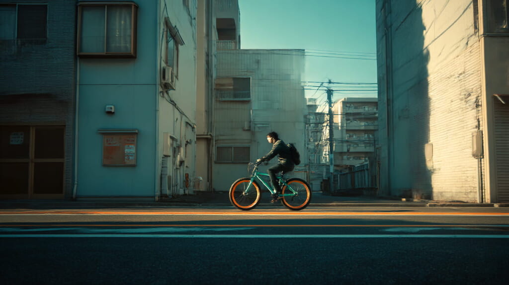 ファットタイヤの自転車で街を軽快に走る自転車の画像