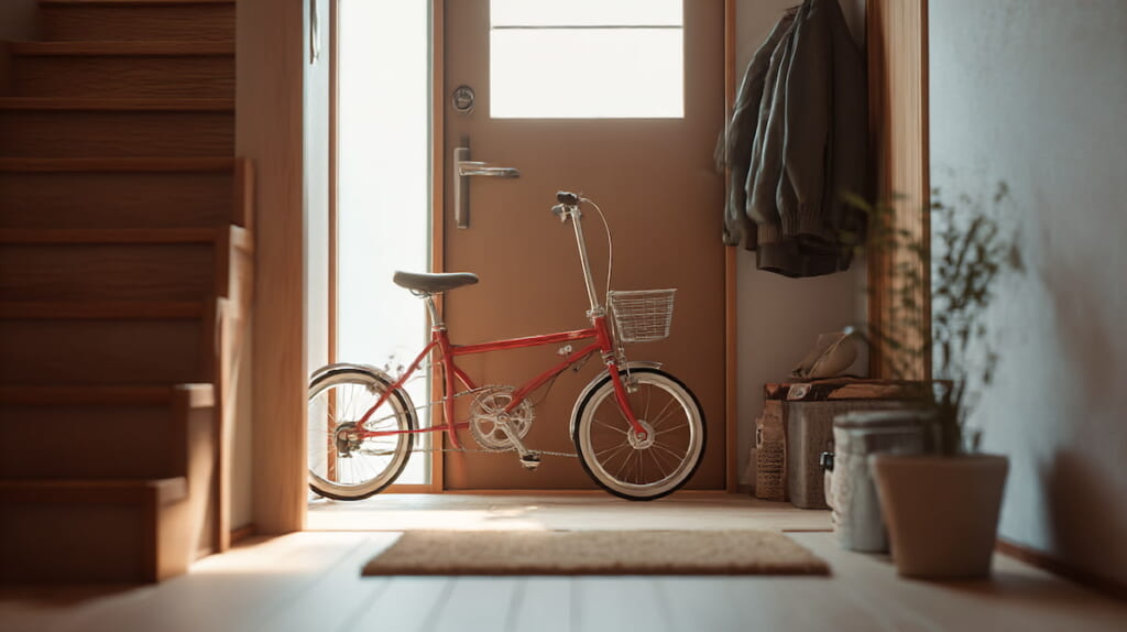 自転車を室内保管する際の現実的な手間を表したイメージ