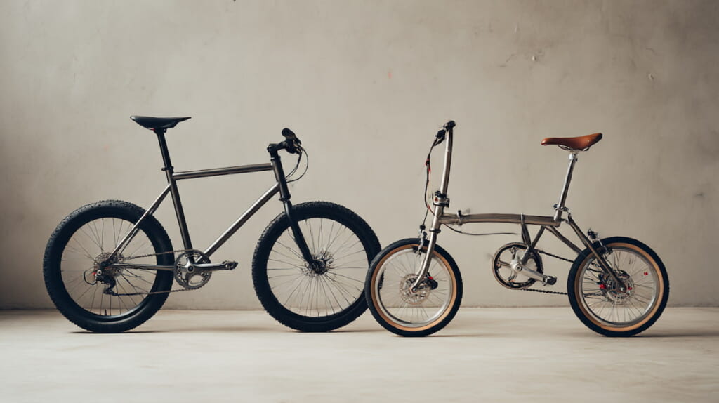 クロスバイクとミニベロを並べて比較しながら通勤用自転車を検討する日本人男性のイメージ