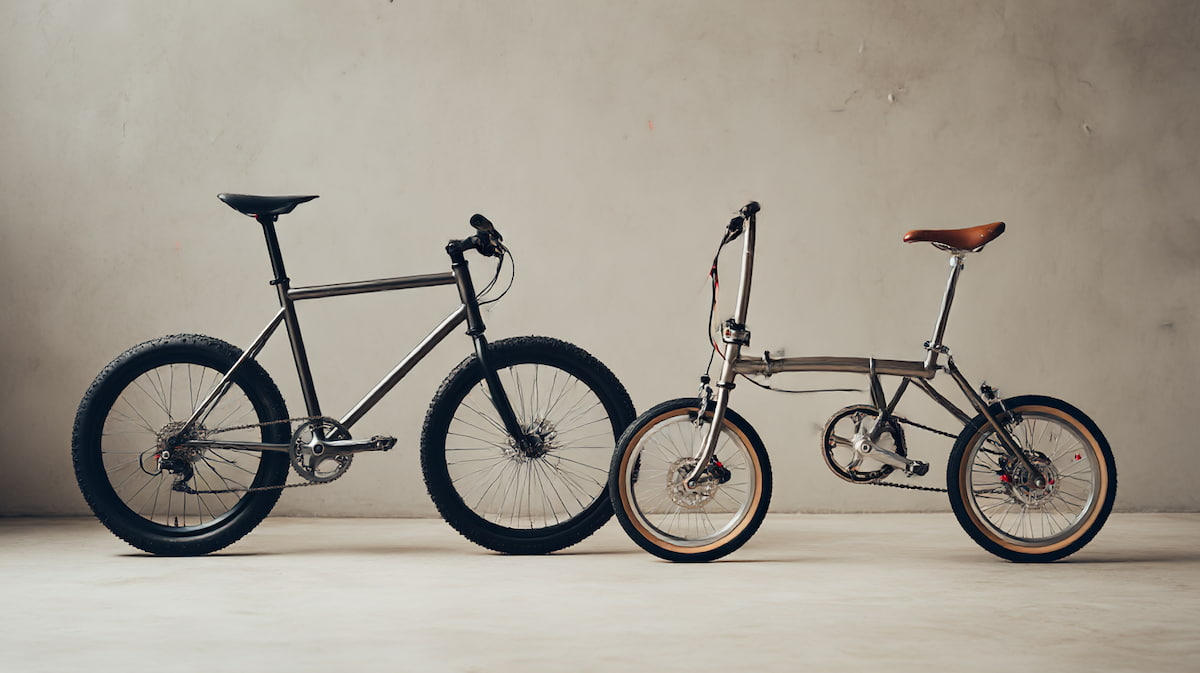 クロスバイクとミニベロを並べて比較しながら通勤用自転車を検討する日本人男性のイメージ