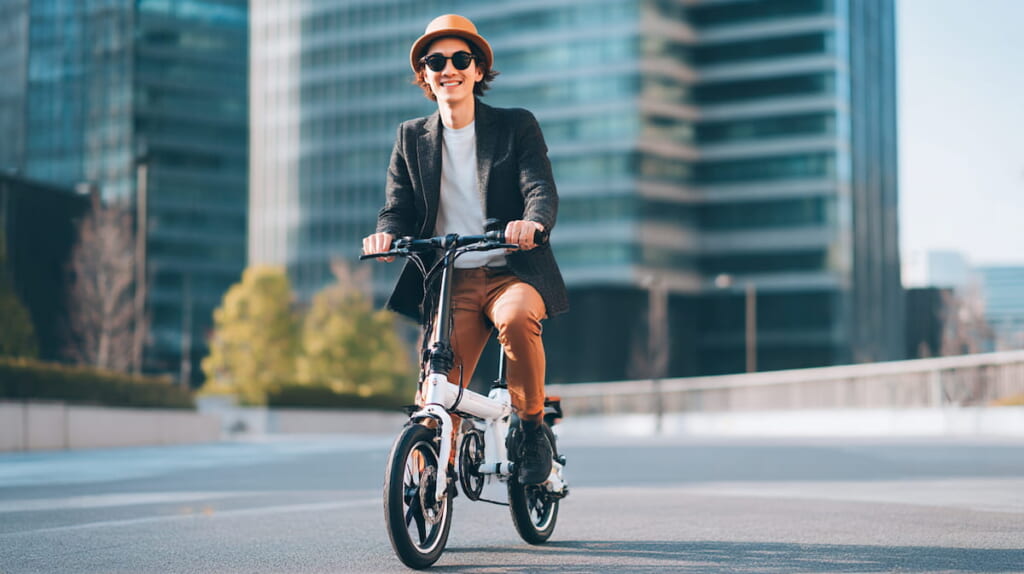 電動アシスト自転車で快適に通勤する日本人の街乗りイメージ